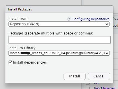RStudio Install Packages Window